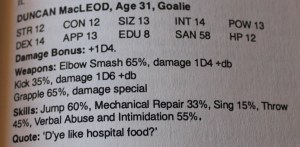 Uddrag af karakter fra scenariet Alive and Kicking. Tjek færdighederne.