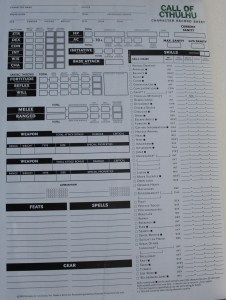 Arket for CoC d20 - og det ligner de andre d20-ark til forveksling.